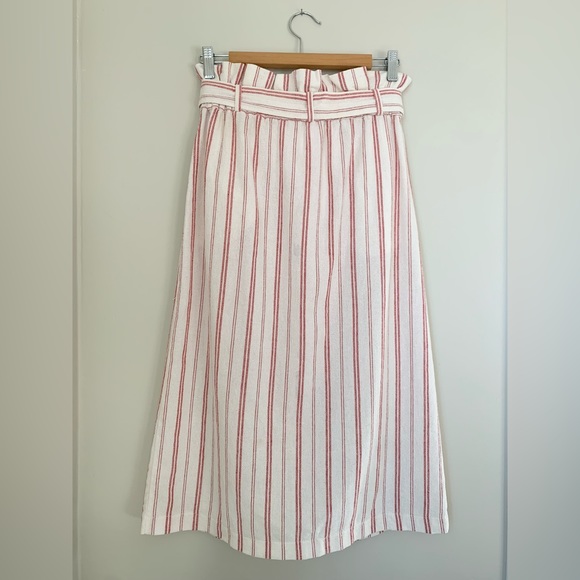 Zara White Red Striped Linen High Waisted Midi Bow Tie Paper Bag Wrap Skirt - Picture 5 of 9